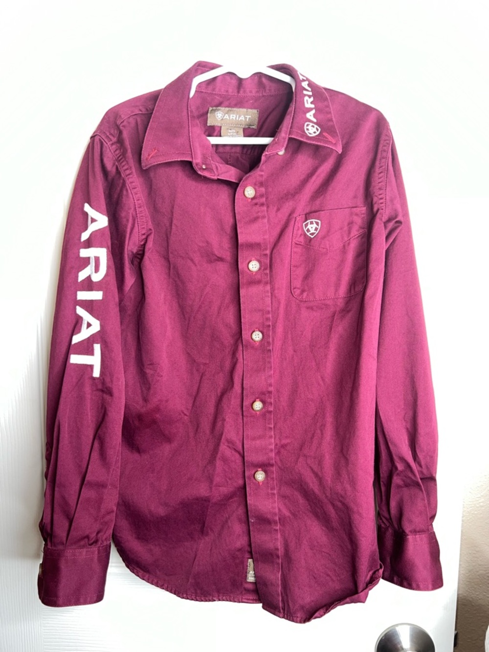 Ariat Shirt Boys Size S (8) Logo Burgundy Western Rancher Button Down Shirt EUC